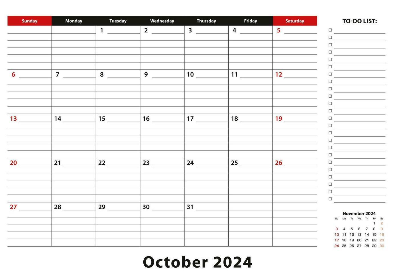 October 2024 Monthly Desk Pad Calendar week starts from sunday, size A3. vector