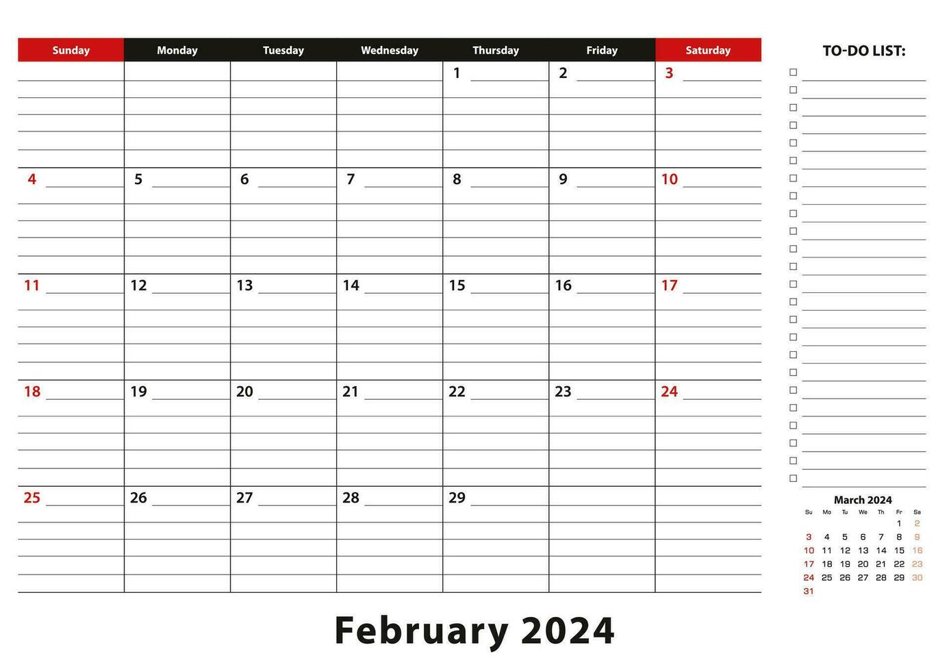 February 2024 Monthly Desk Pad Calendar week starts from sunday, size A3. vector