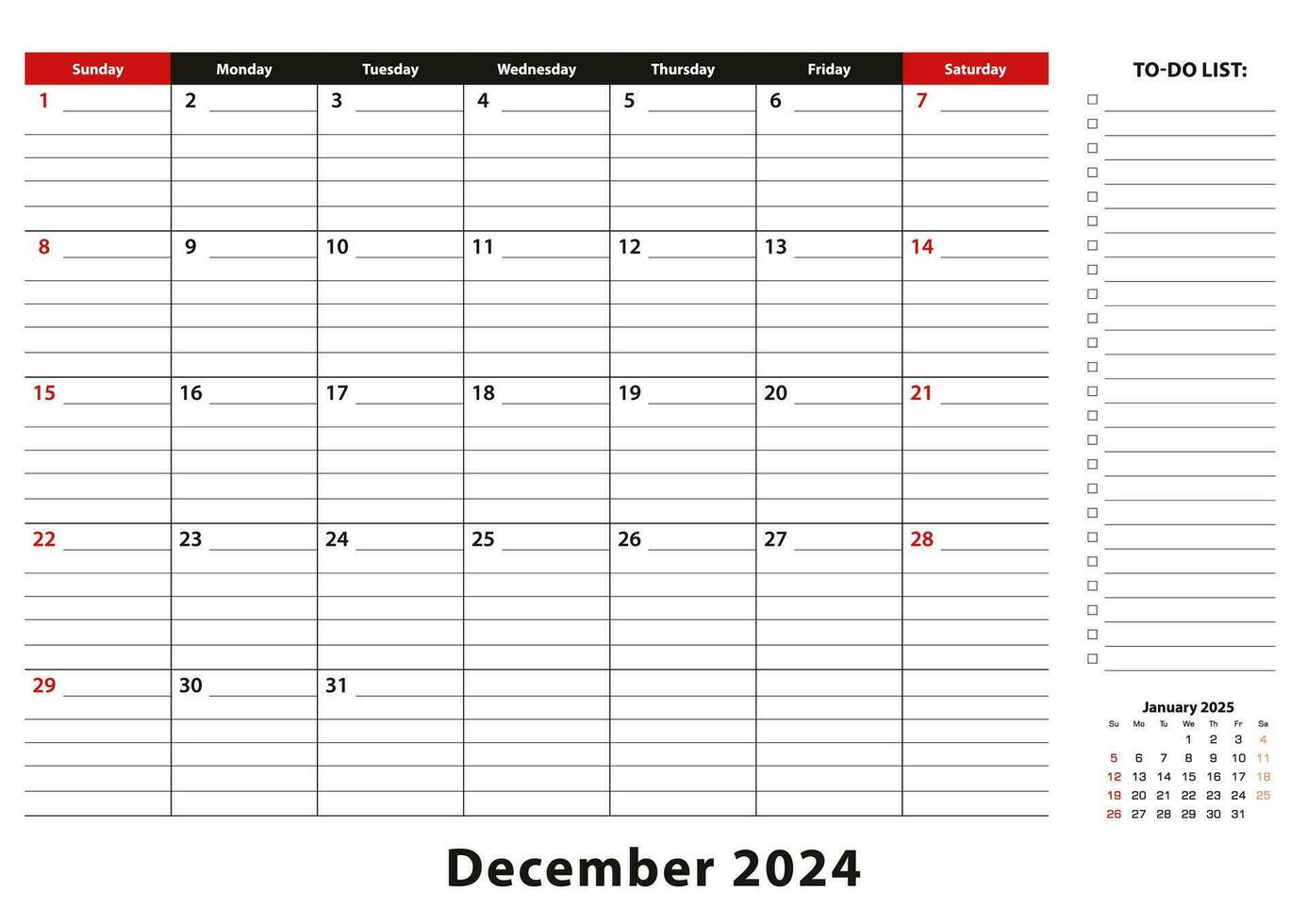 December 2024 Monthly Desk Pad Calendar week starts from sunday, size A3. vector