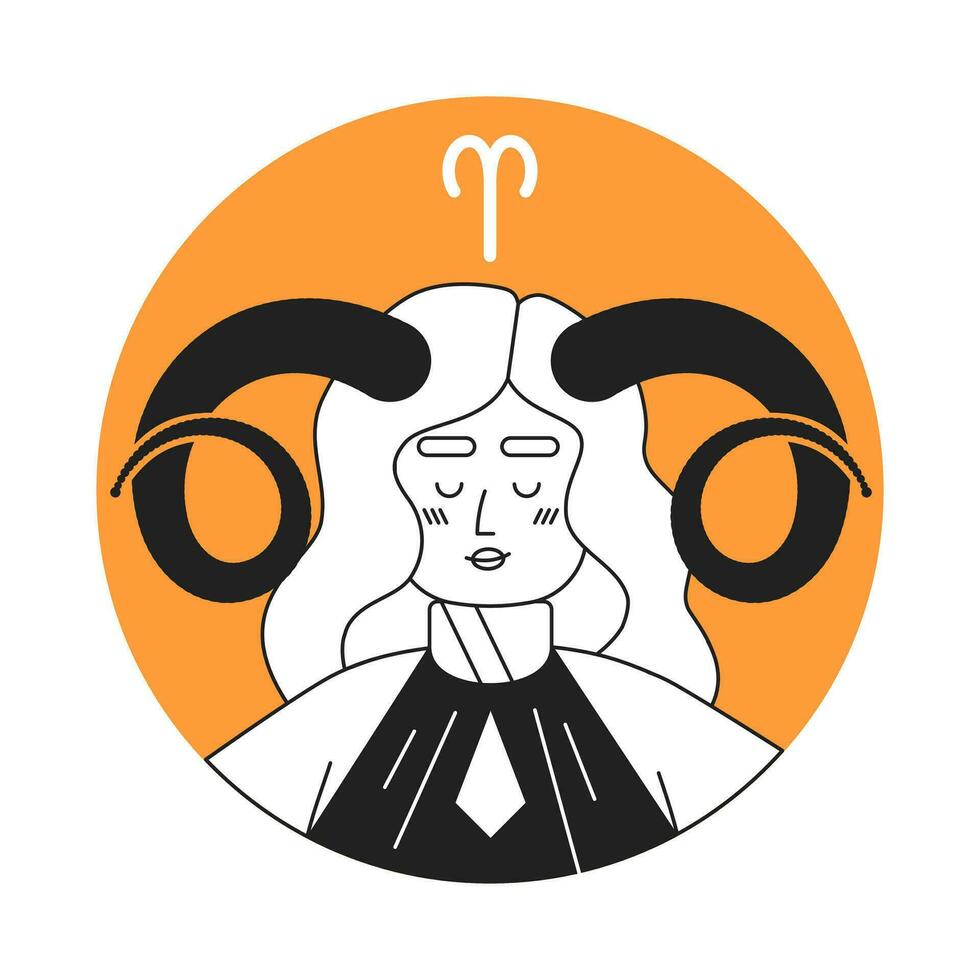 Aries zodiac sign monochrome round vector spot illustration. Blonde woman with twisted horns 2D flat bw cartoon character for web UI design. Astrology isolated editable hand drawn hero image