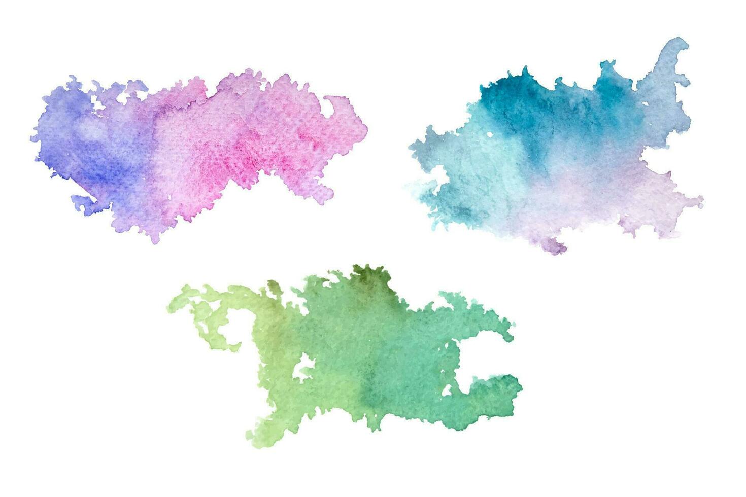 Hand drawn set of watercolor stains. Purple, orange and green watercolor splashes. vector