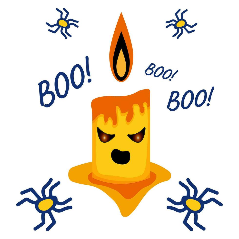 Terrible candle with spiders and screams boo. Vector emotional illustration for Halloween day.