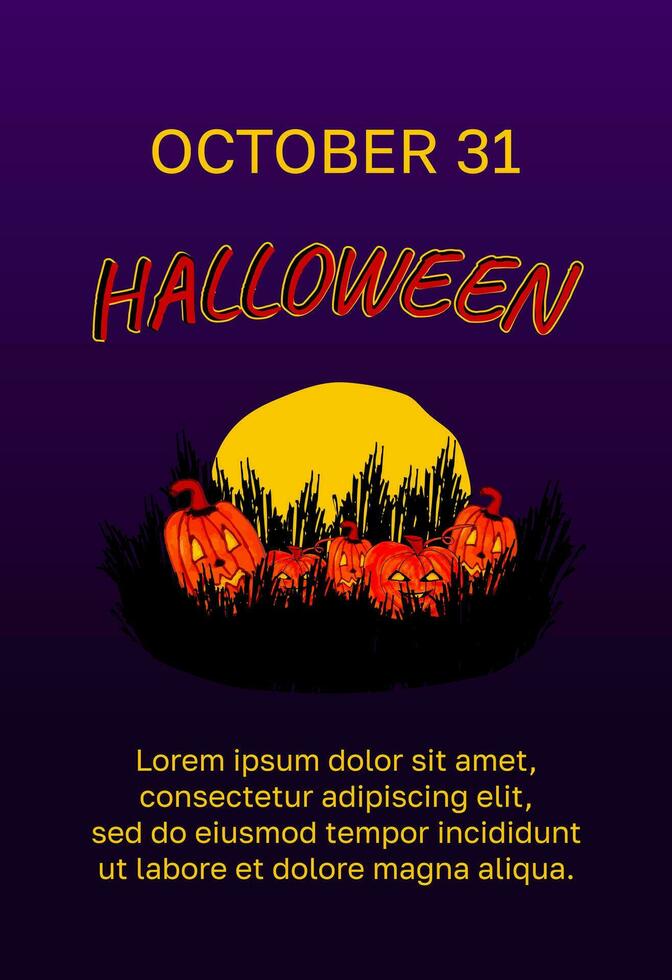 Vector Halloween background vertical banner with pumpkins, moon, bushes. Advertising copy space