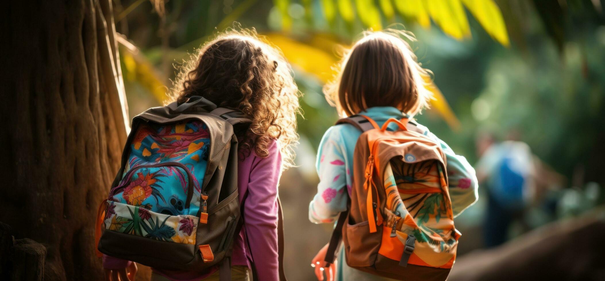 Kids holding backpacks standing in front of a street photo