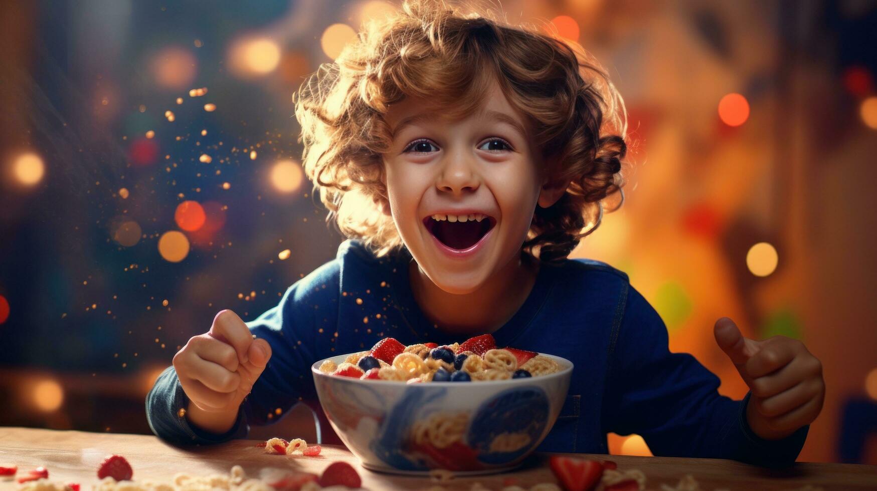 A child laughing beside a bowl of cereal photo