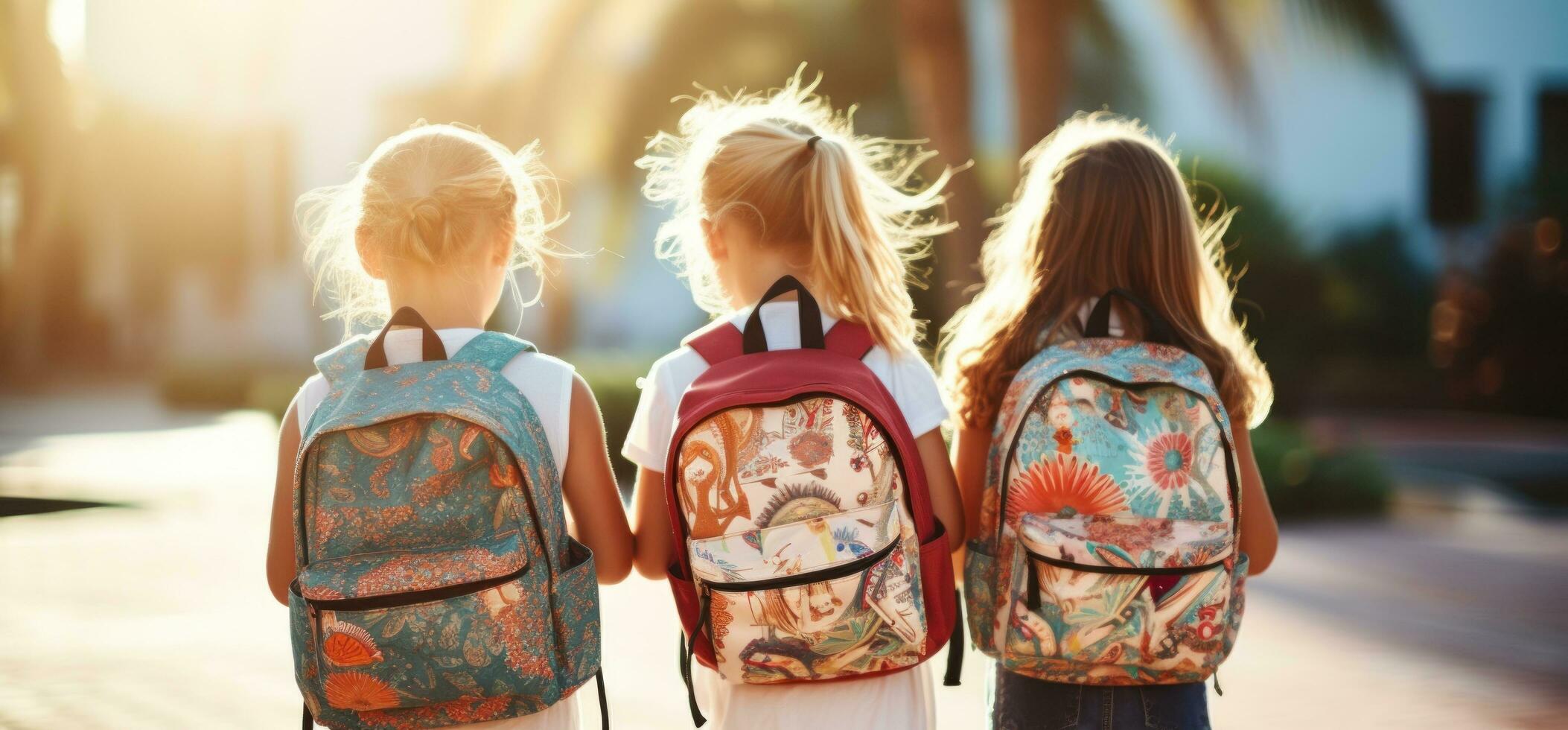 Kids holding backpacks standing in front of a street photo