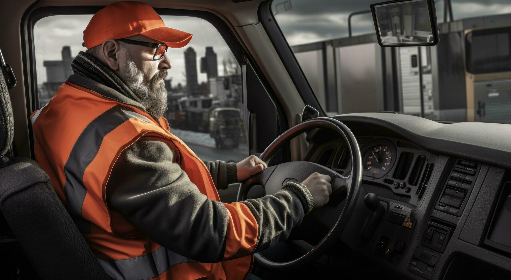 A truck driver is driving a truck with an orange vest photo