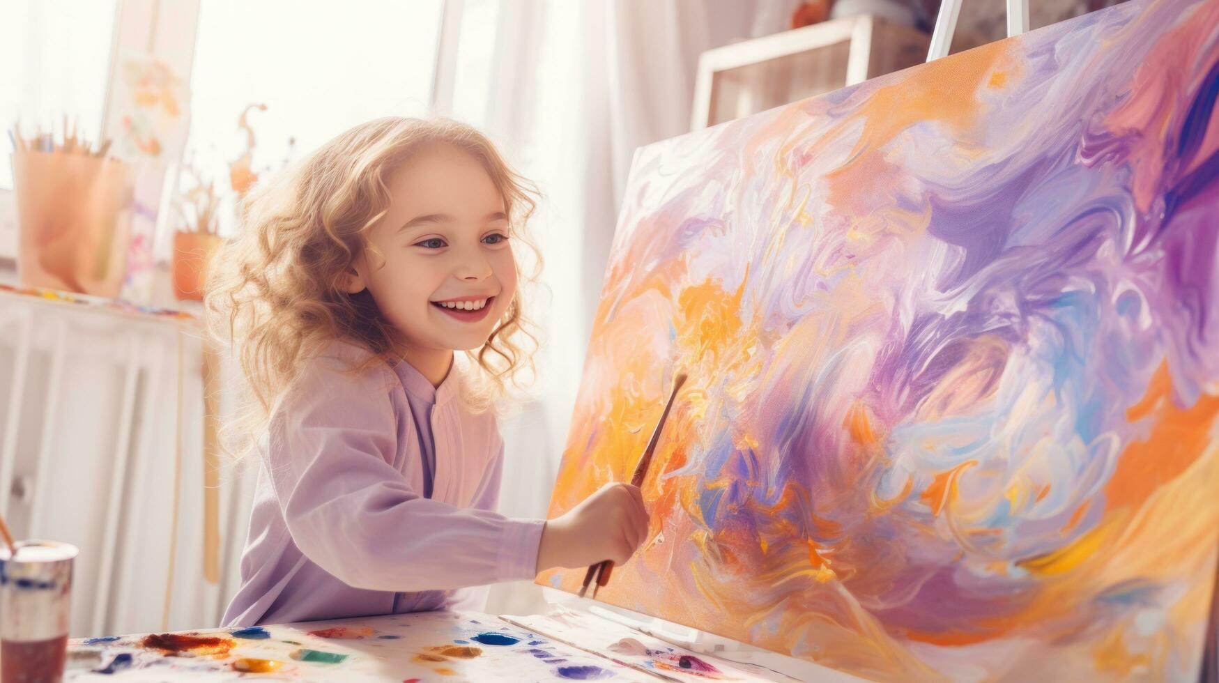 A little girl painting an abstract painting on an easel photo