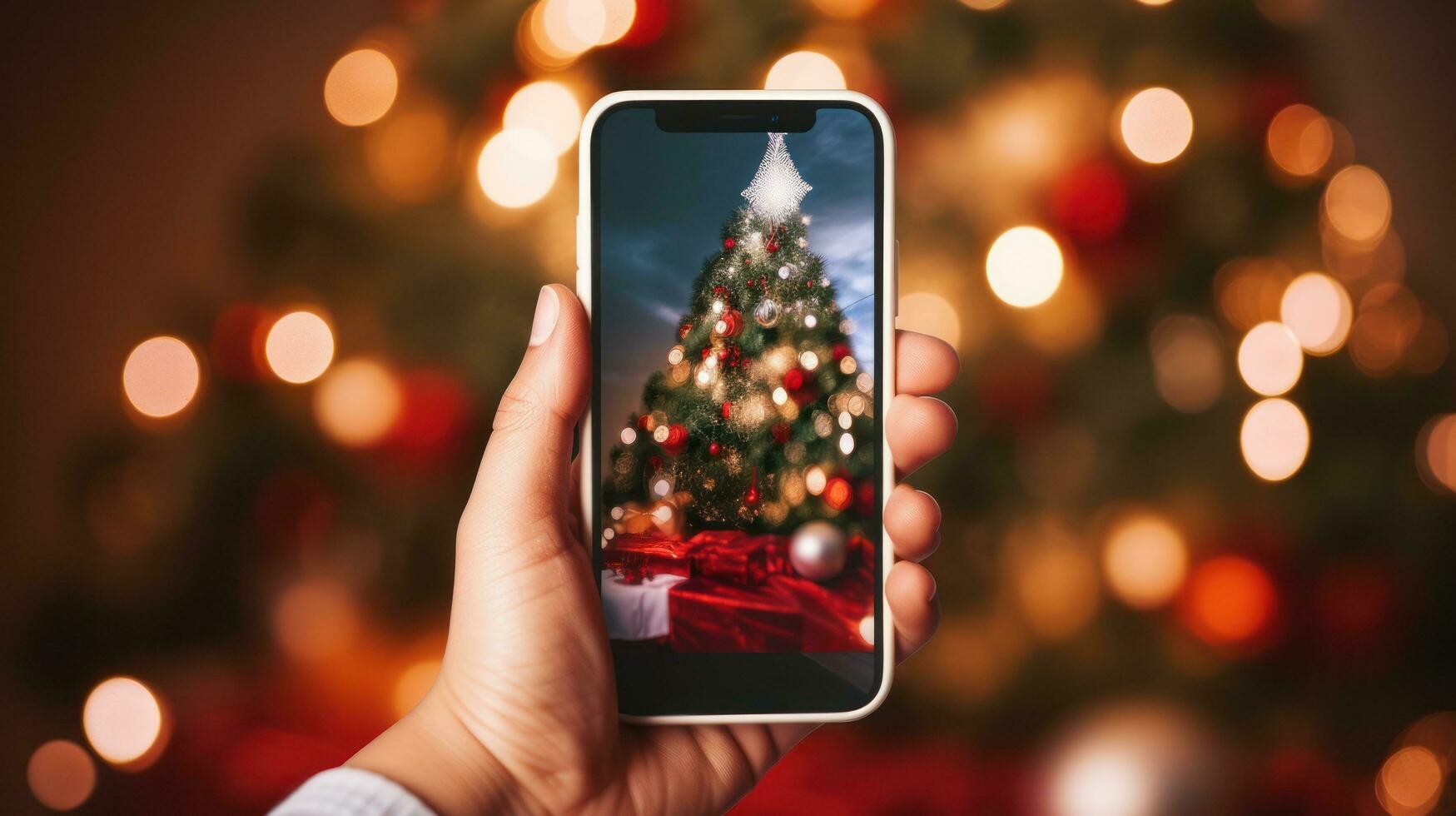 A hand holding a phone with a christmas tree background photo