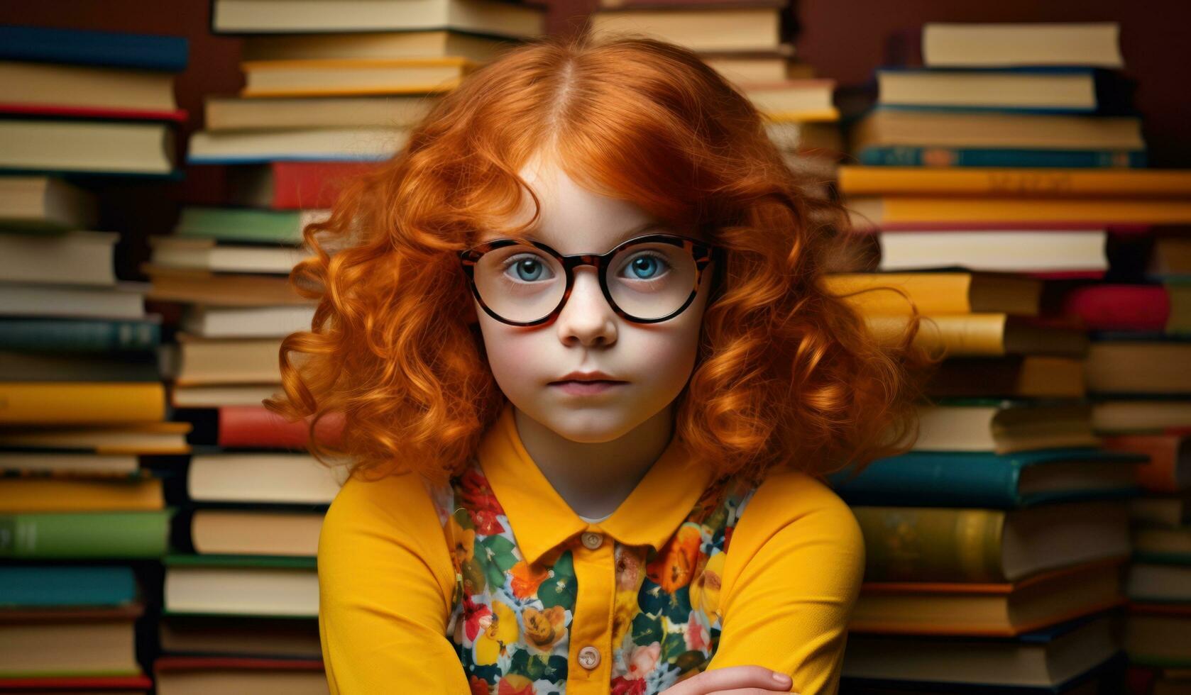 joven niña con apilar de libros foto