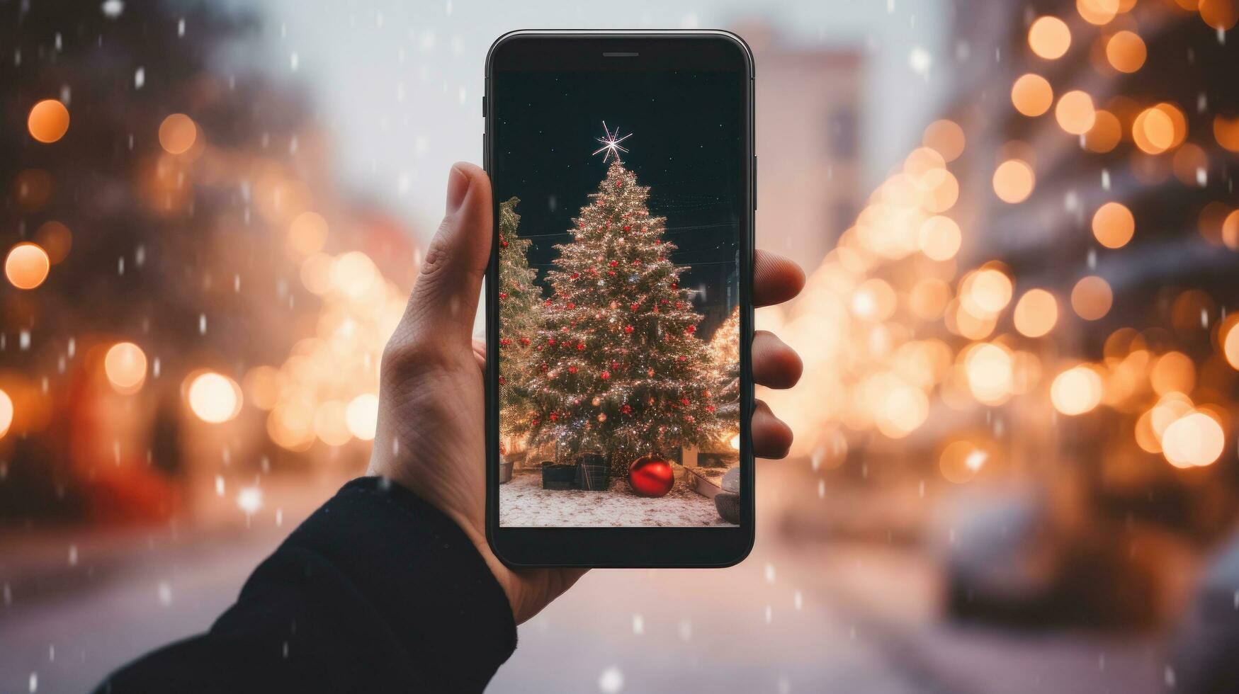 A hand holding a phone with a christmas tree background photo