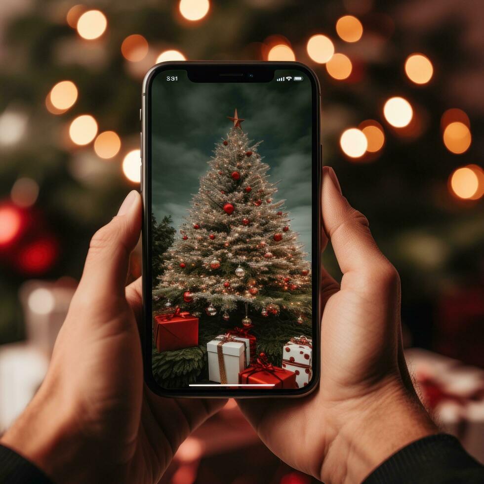 A hand holding a phone with a christmas tree background photo