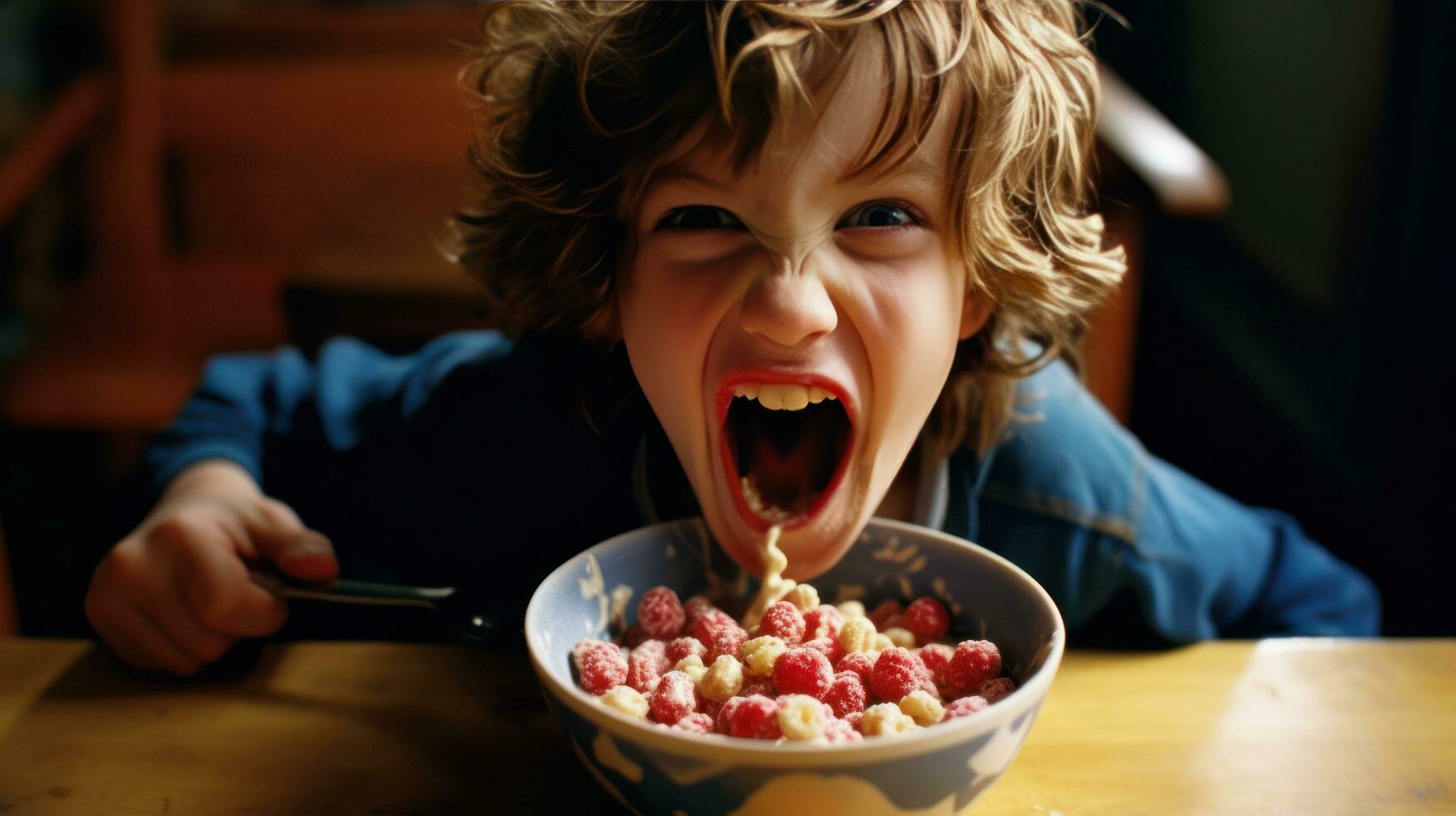 un niño riendo junto a un cuenco de cereal foto
