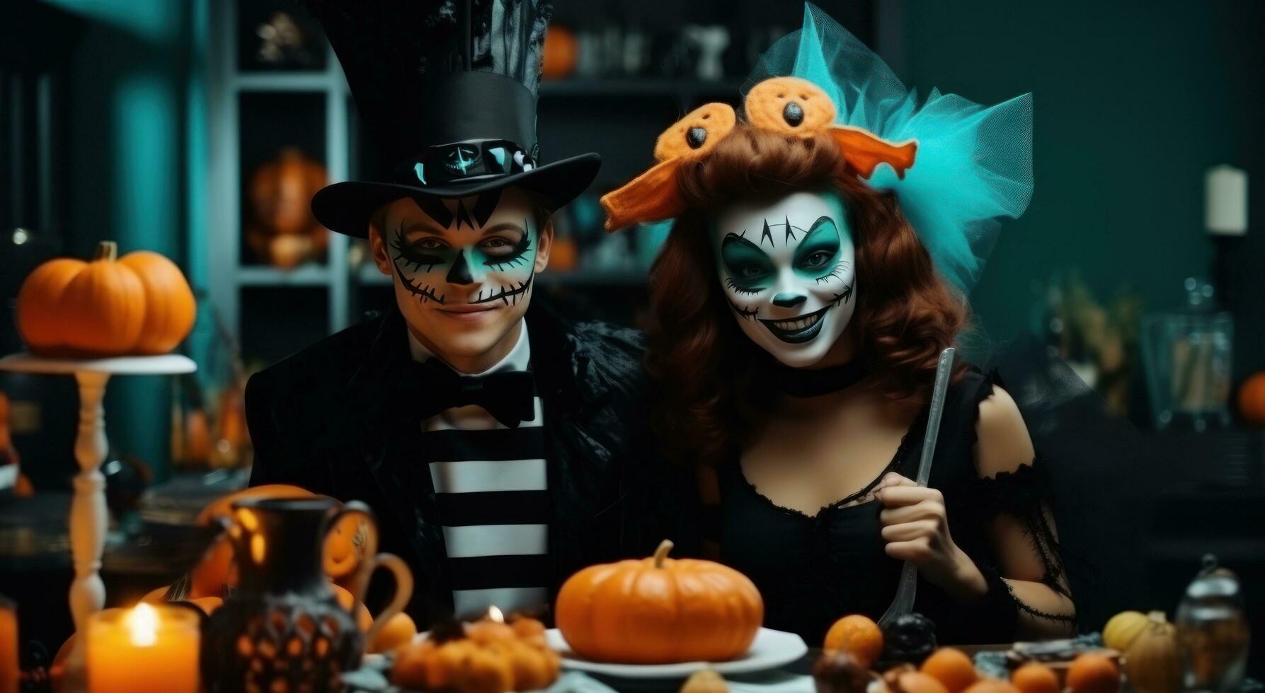 Young couple, in costumes for halloween photo