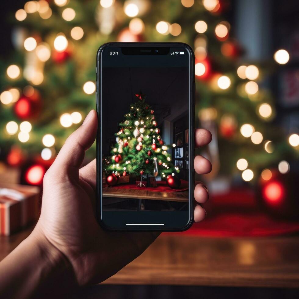 un mano participación un teléfono con un Navidad árbol antecedentes foto