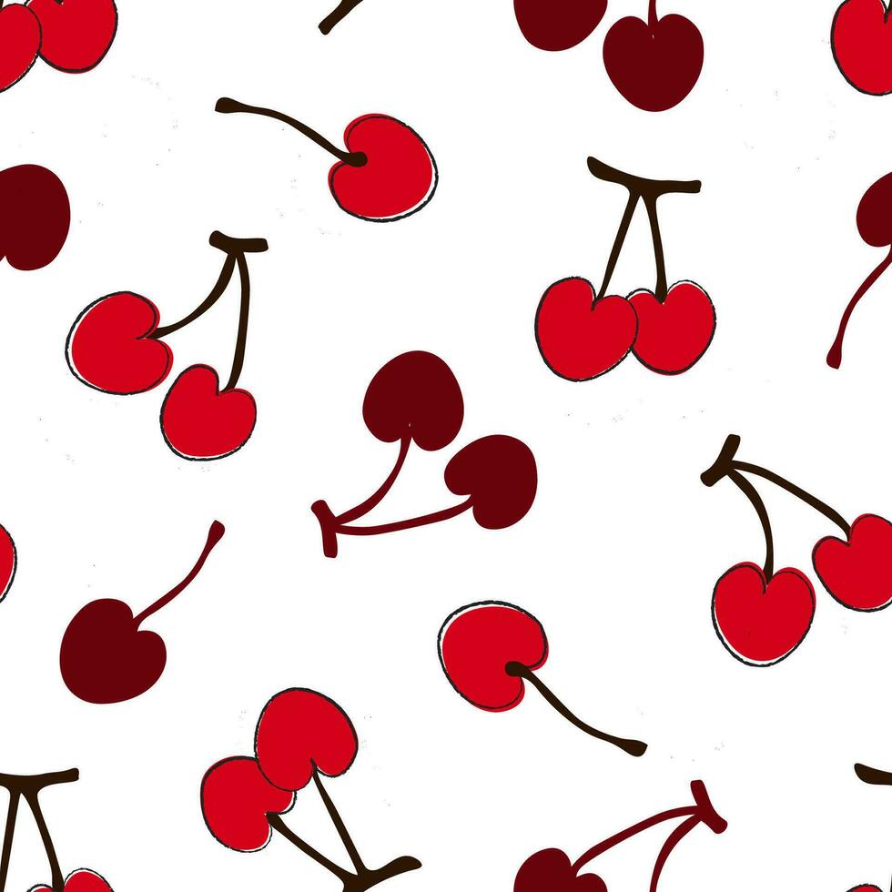 Seamless pattern with bright juicy abstract cherries in the form of a heart. Summer berry print. Vector graphics.