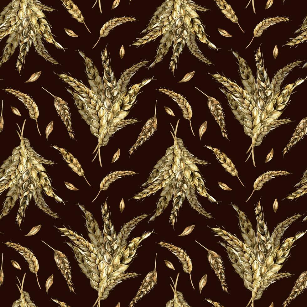 Wheat ear bunch watercolor seamless pattern isolated on black background. Spikelet of rye, barley, grains hand drawn. Design element for textile, paper, packaging, label grocery, bakery, wrapping vector