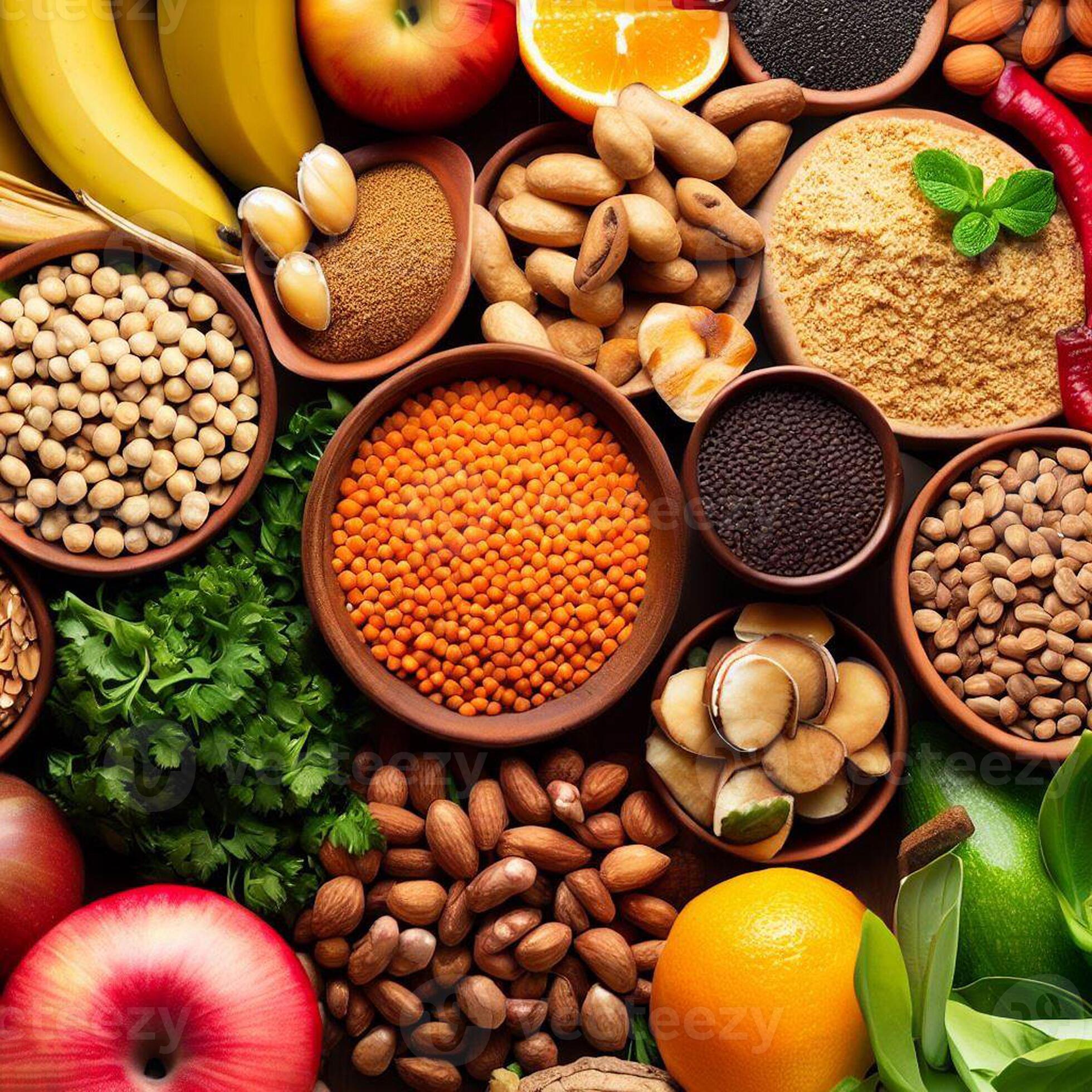 Health food for fitness concept with fruit, vegetables, pulses, herbs