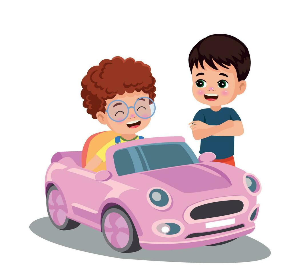 linda chico conducción un juguete eléctrico coche vector dibujos animados ilustración aislado en blanco antecedentes