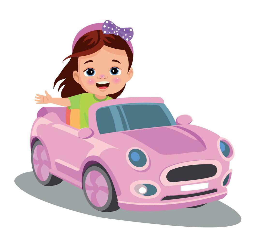 Cute girl driving a toy electric car vector cartoon illustration isolated on white background