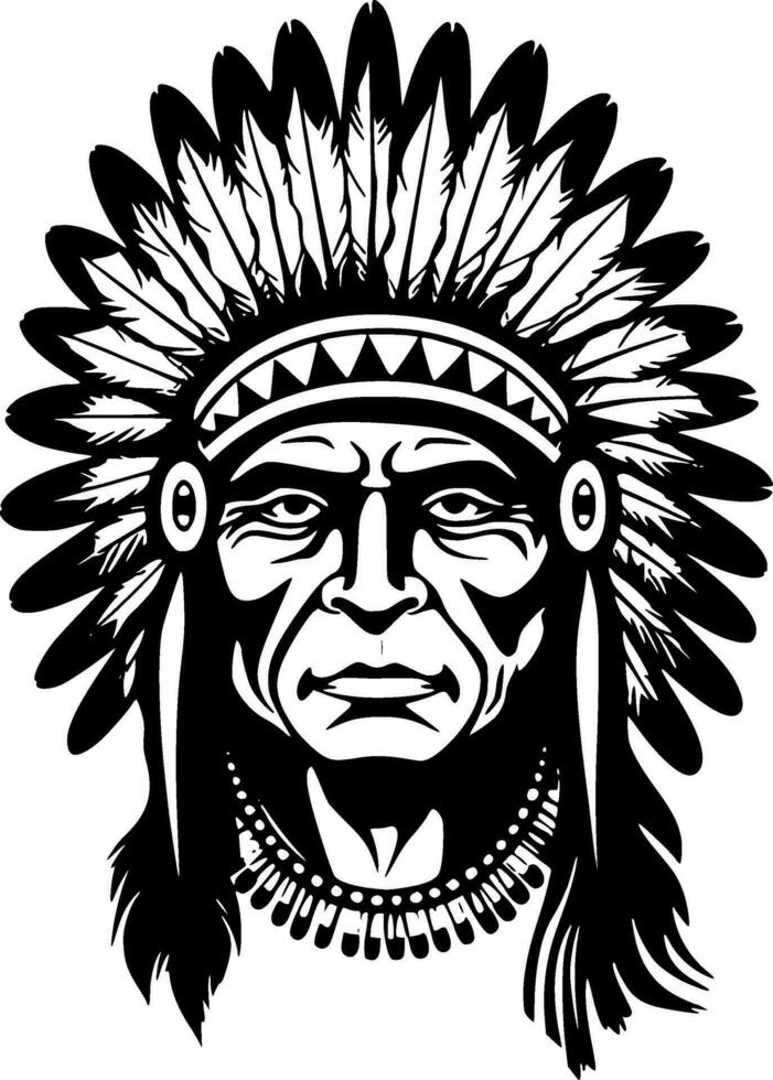 Indian Chief, Black and White Vector illustration