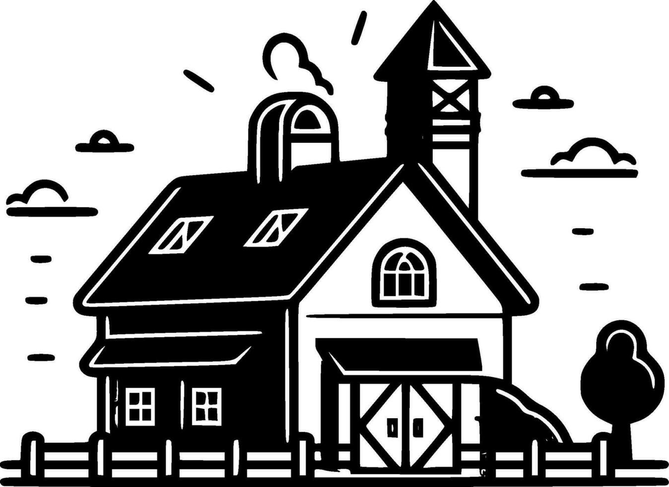 Farmhouse, Black and White Vector illustration