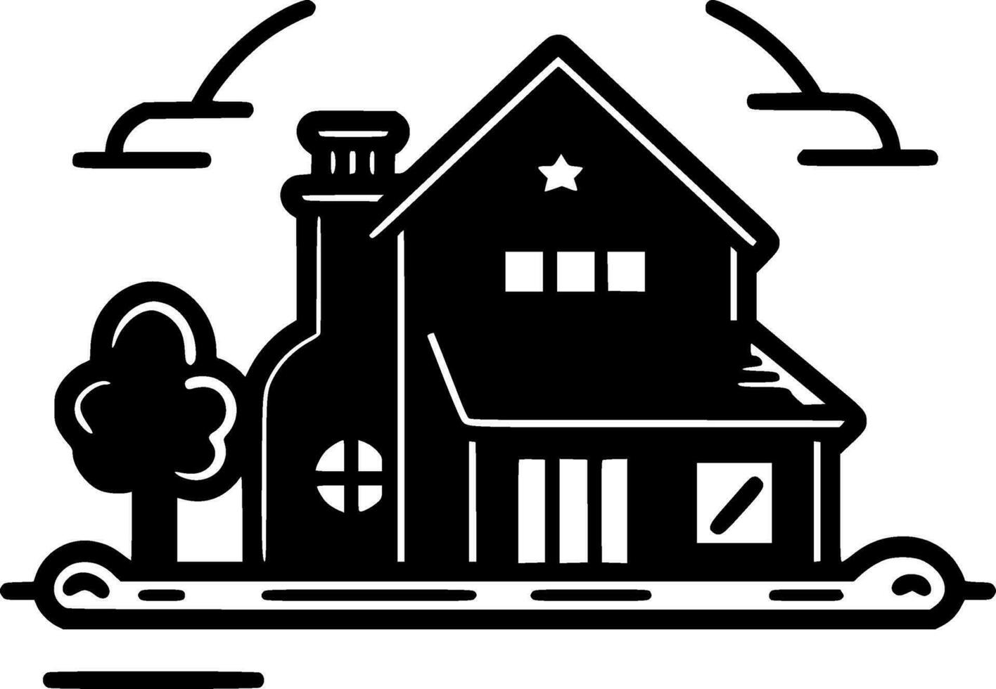 Farmhouse, Black and White Vector illustration