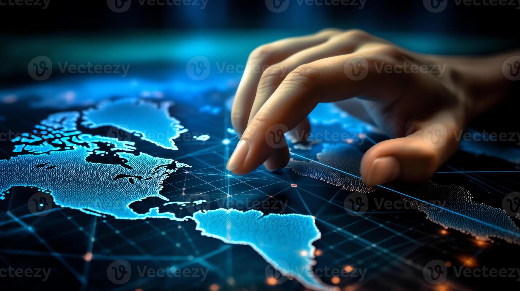 a hand touching a digital interface with a world map in the background photo