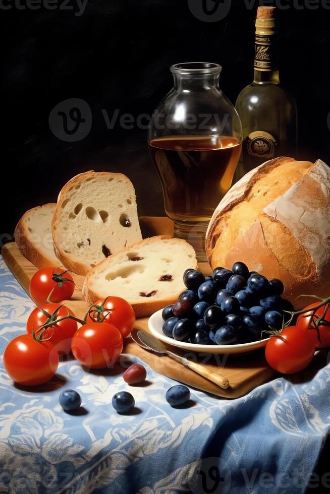 AI Generative a table shows bread and wine with tomatoes in the style of dark blue and light beige photo