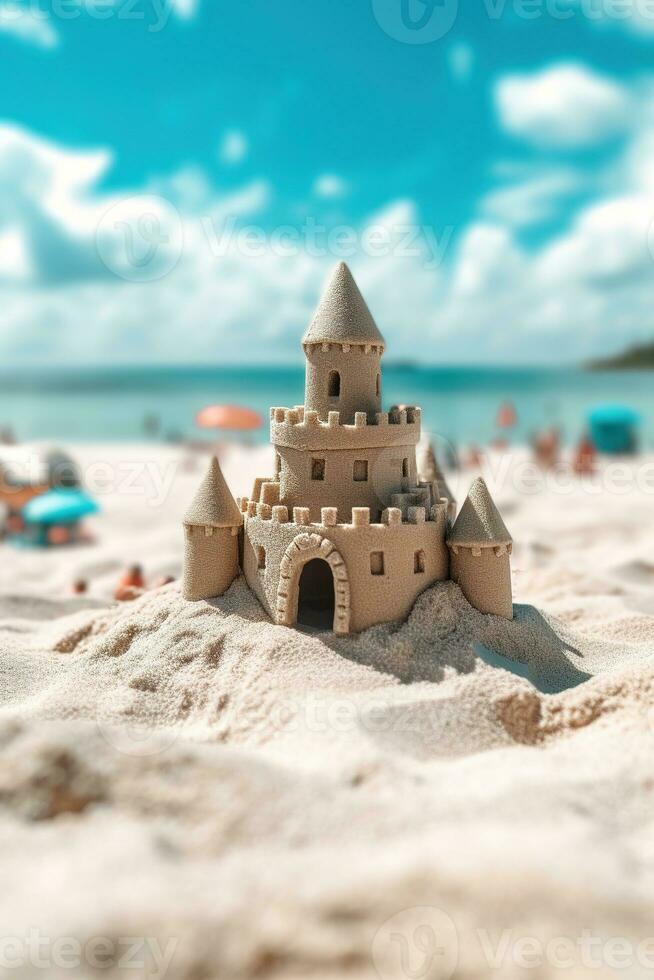 a sand castle beach with a blue sky and white clouds photo