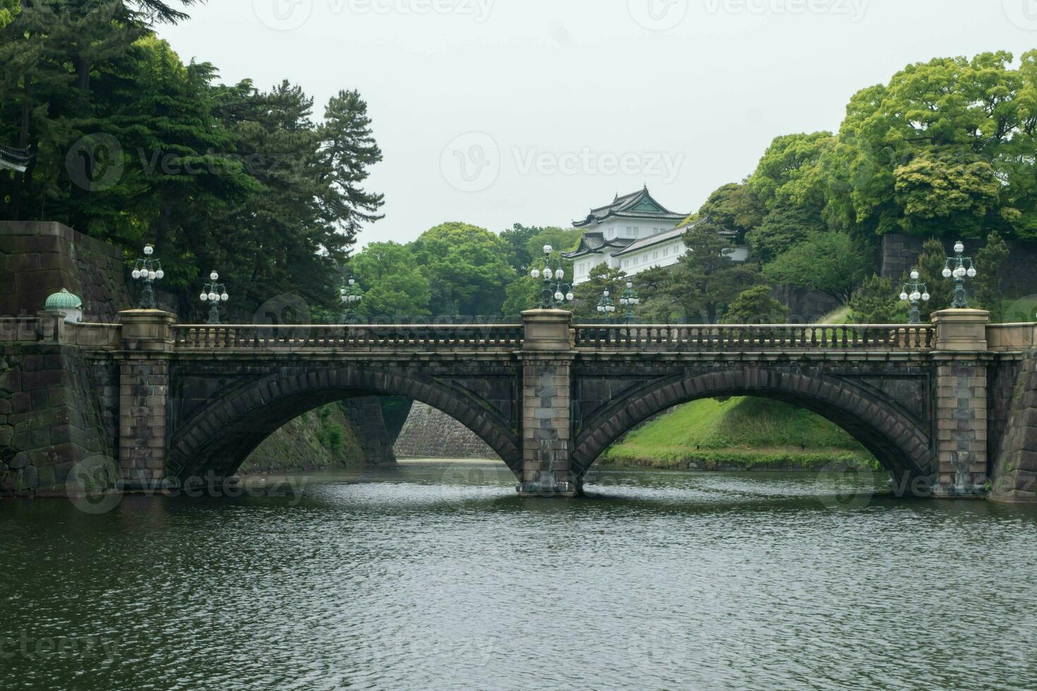 Japan Tokyo Imperial Palace castle bridge with reflection Asia emperor landmark, old ancient history architecture oriental city royal tower fort Edo building culture, attraction fortress monarchy photo