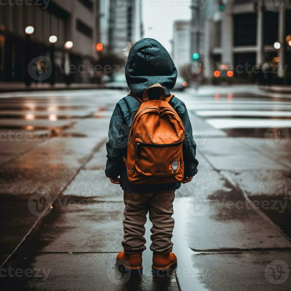 a small child in a jacket carrying a backpack AI Generative photo