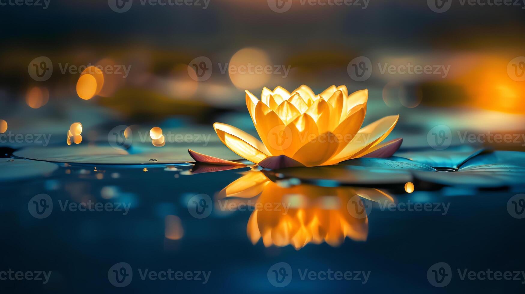 a yellow flower floating on top of a lake photo