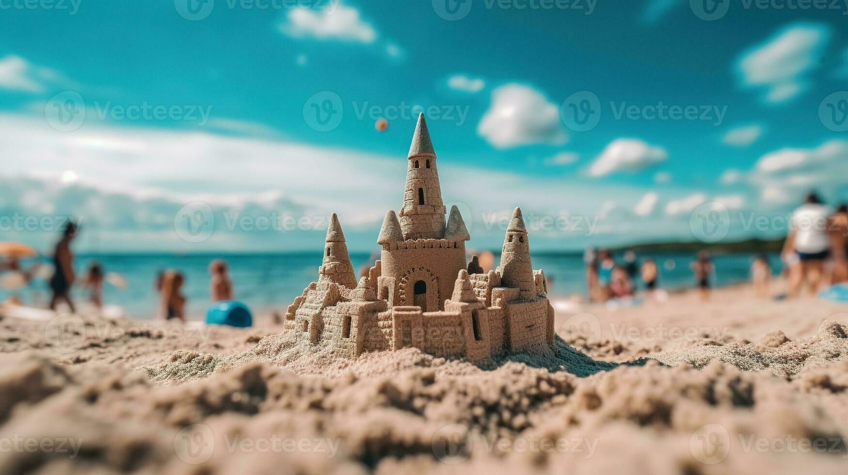 a sand castle beach with a blue sky and white clouds photo