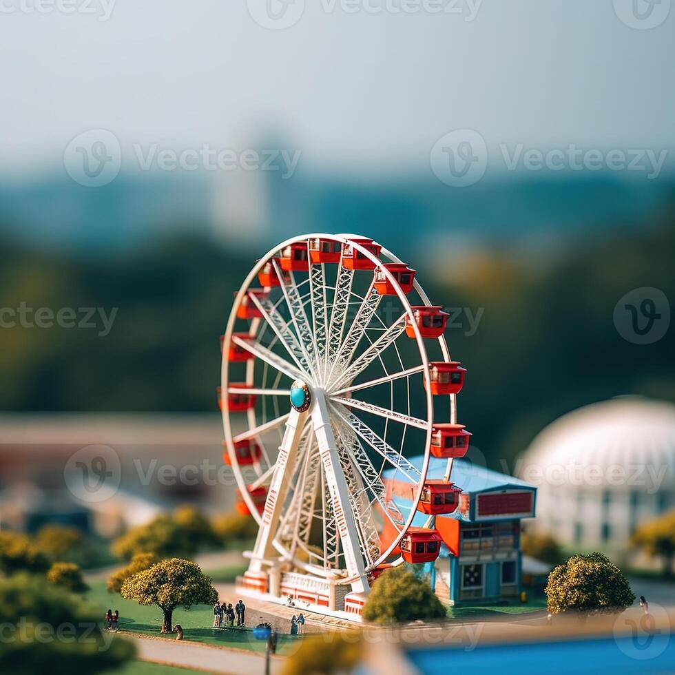a miniature ferris wheel with a blue sky in the background photo