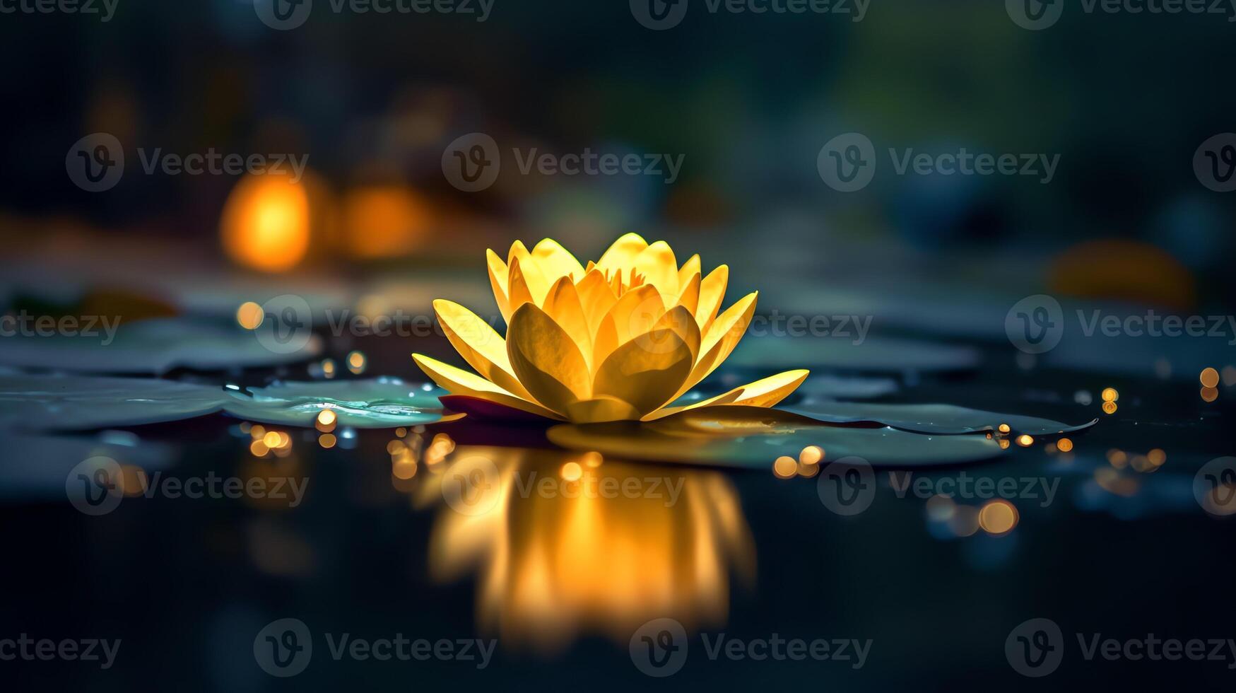 a yellow flower floating on top of a lake photo