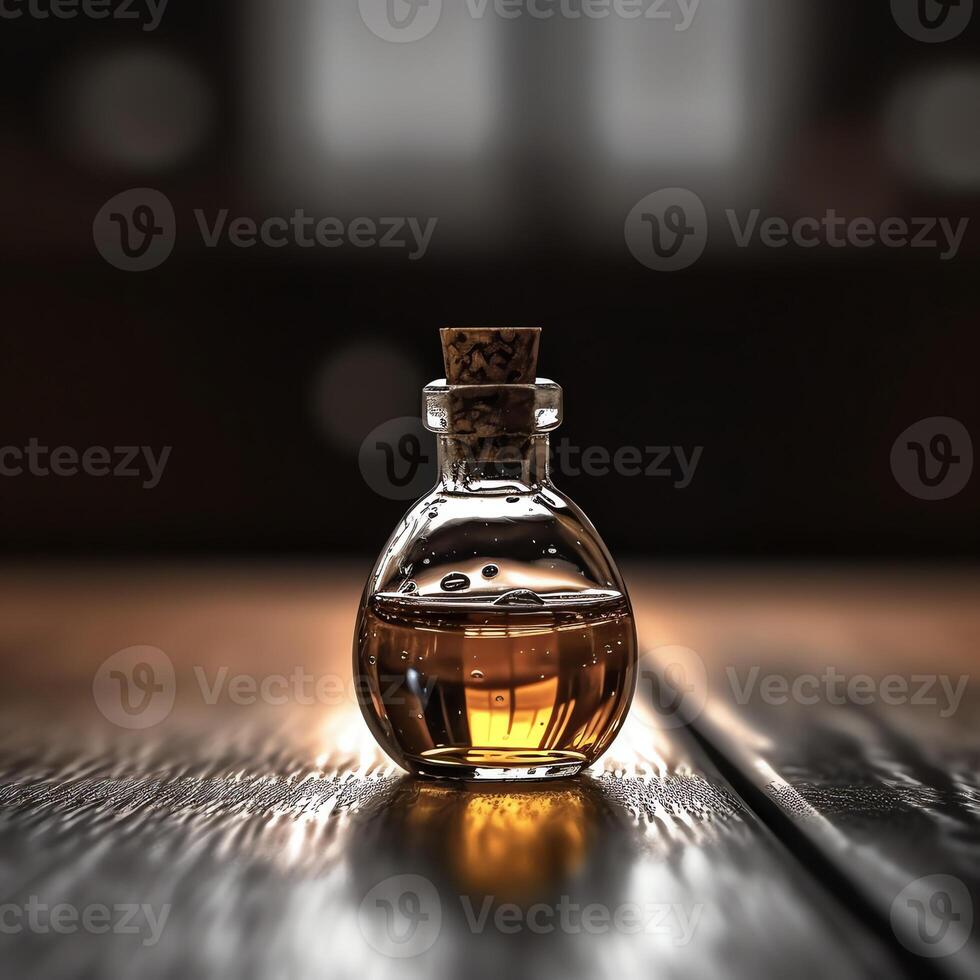 a glass bottle on a table photo