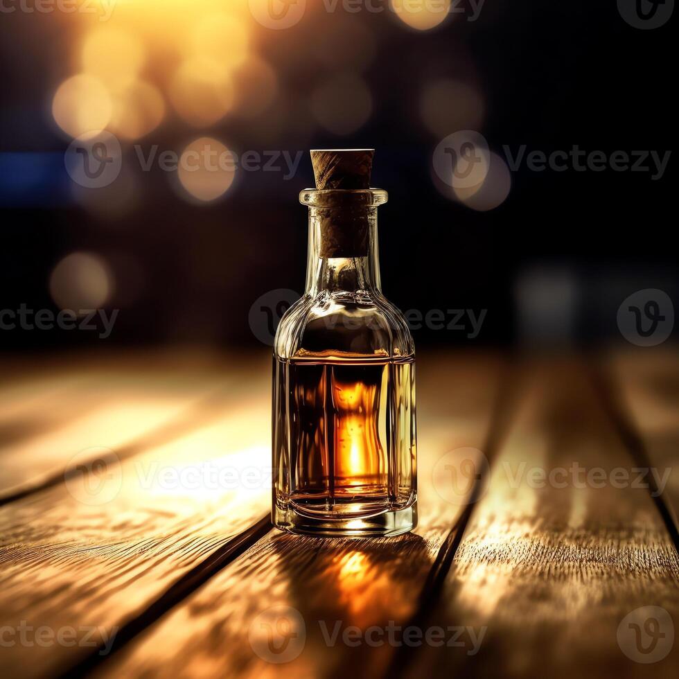 a glass bottle on a table photo