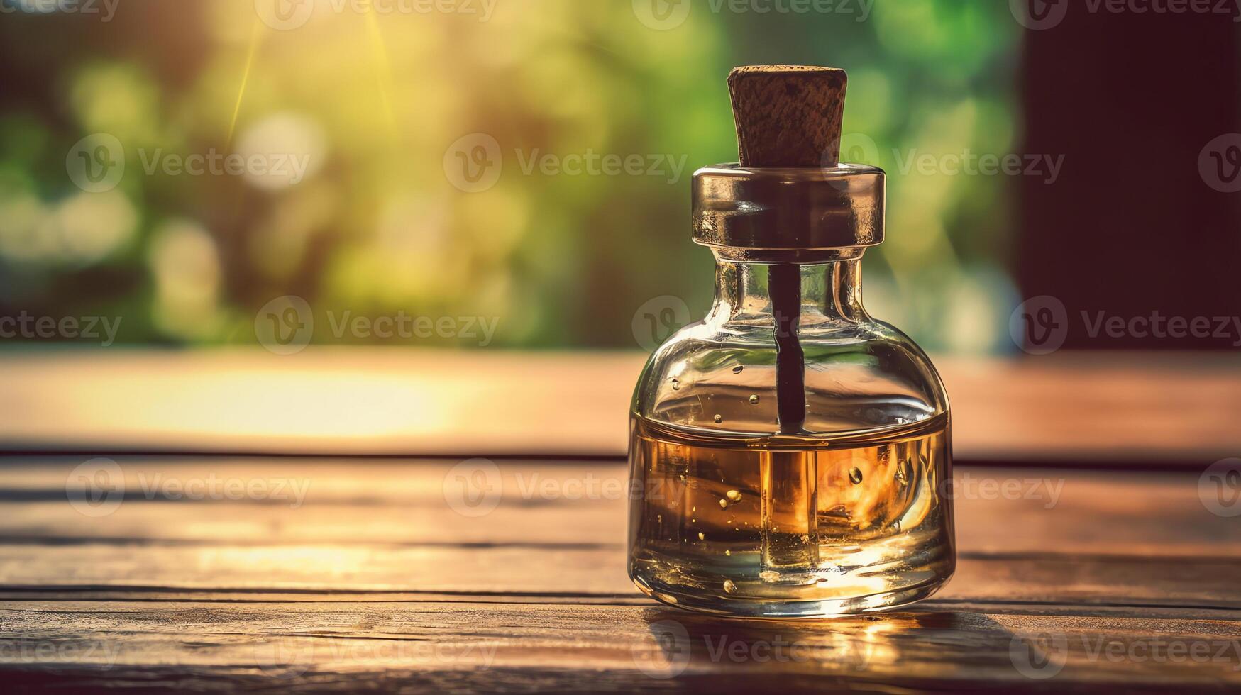 a glass bottle on a table photo