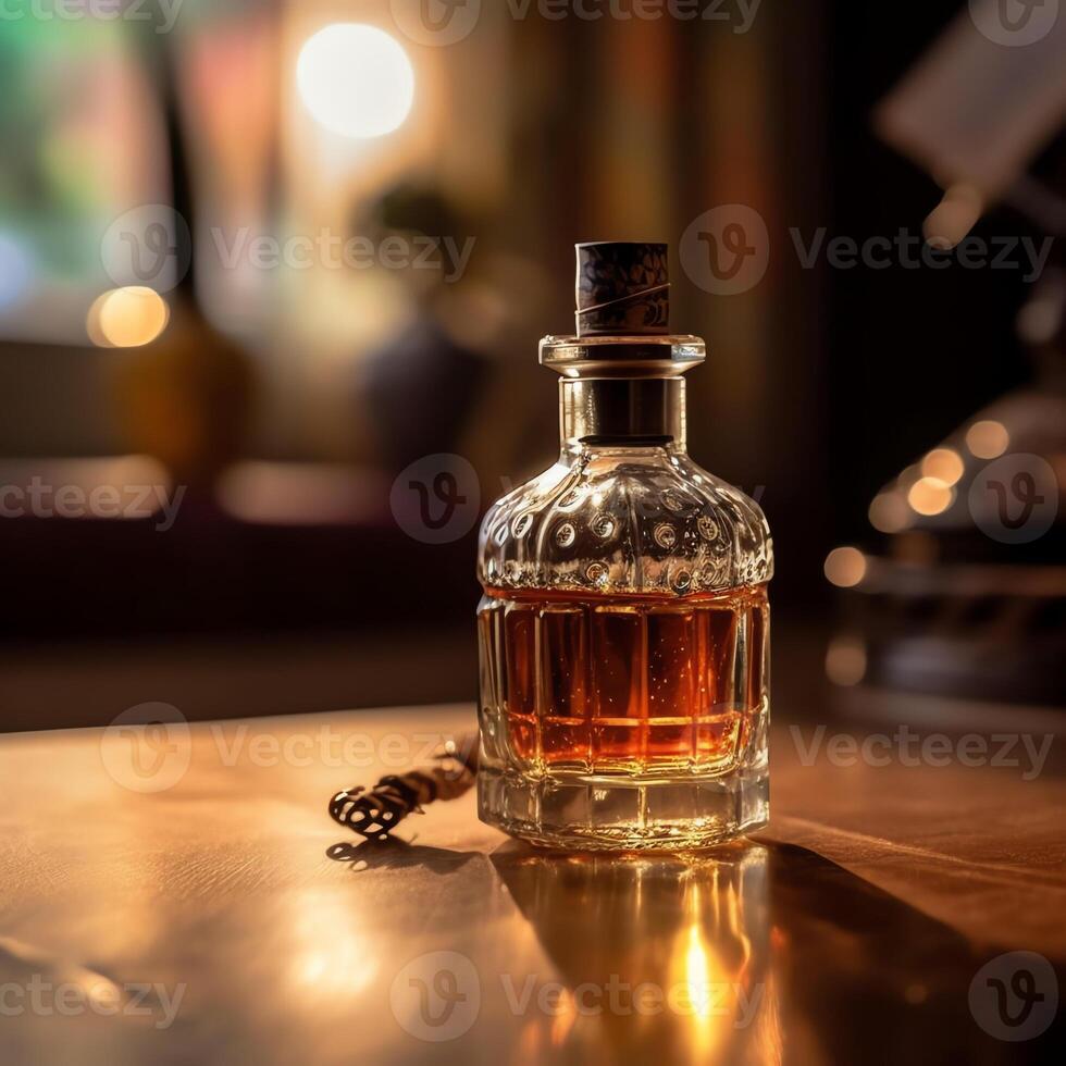 a glass bottle on a table photo