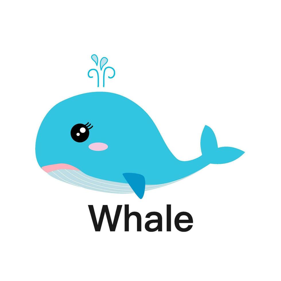 Blue whale with water fountain cute cartoon character with eyes, tail,  flat design on white background. vector