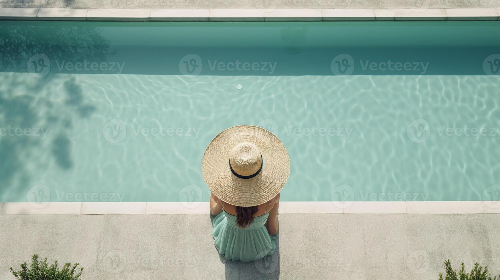 a person wearing a straw hat sitting next to a swimming pool photo