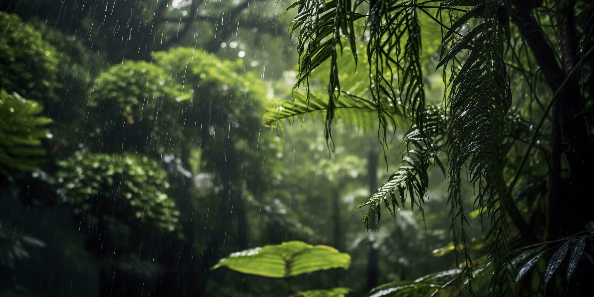 Rain falls in a rainforest with the rain drops. Generative AI photo