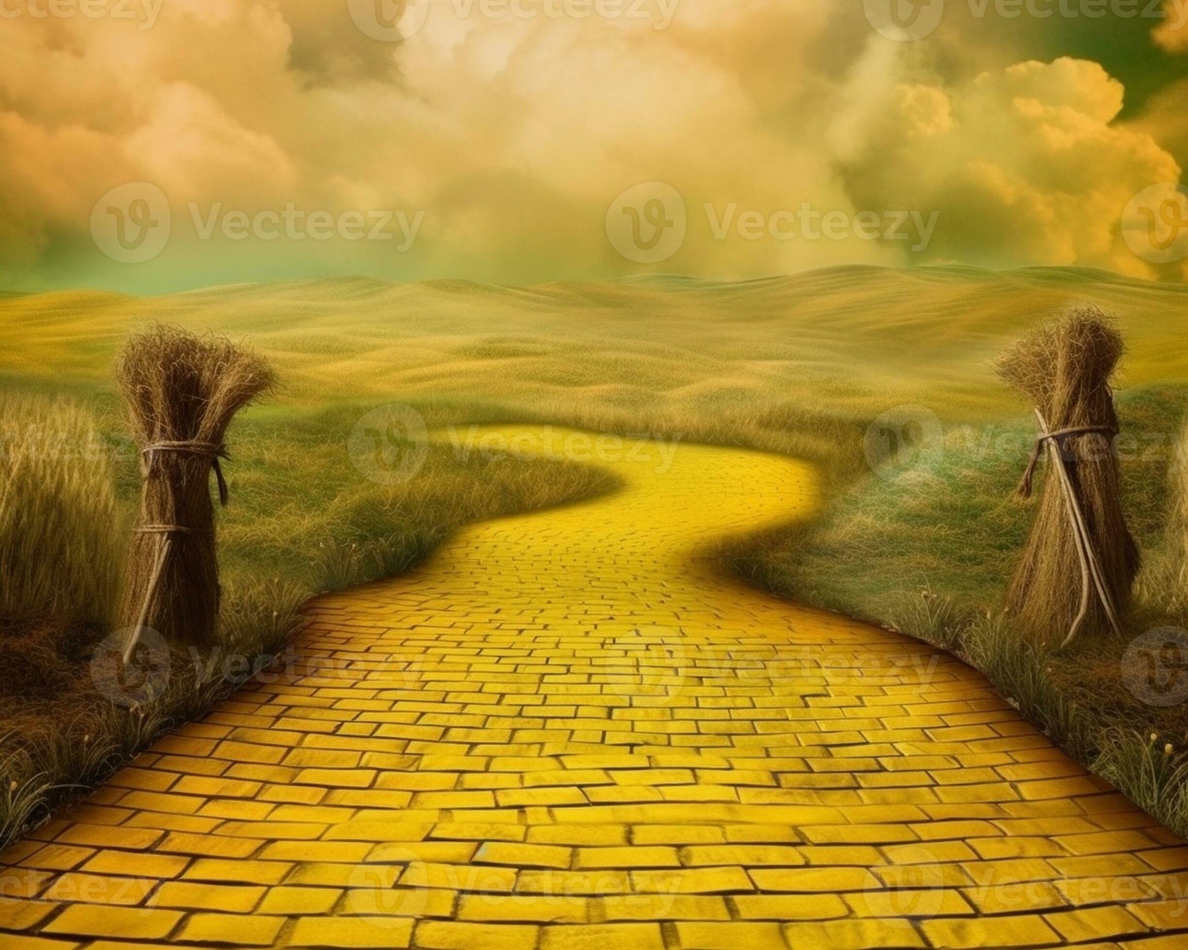 AI Generative yellow brick road through fields old fantasy grungy