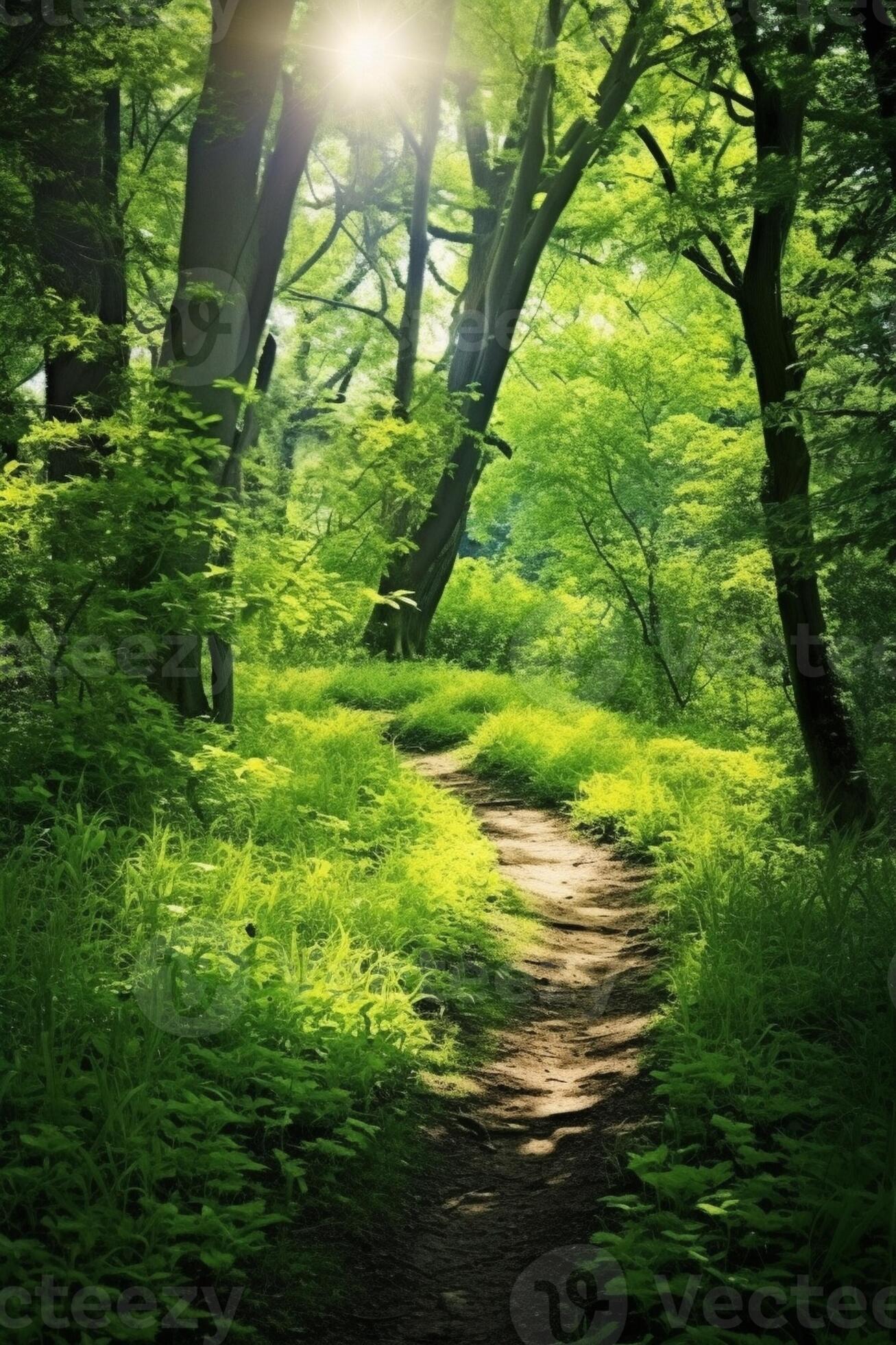 AI Generative Summer green forest with path natural outdoor seasonal