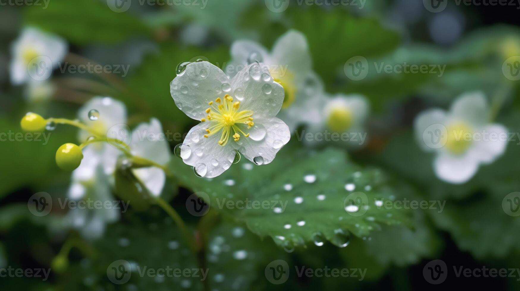 ai generativo blanco flores con gotas de rocío en el hojas foto