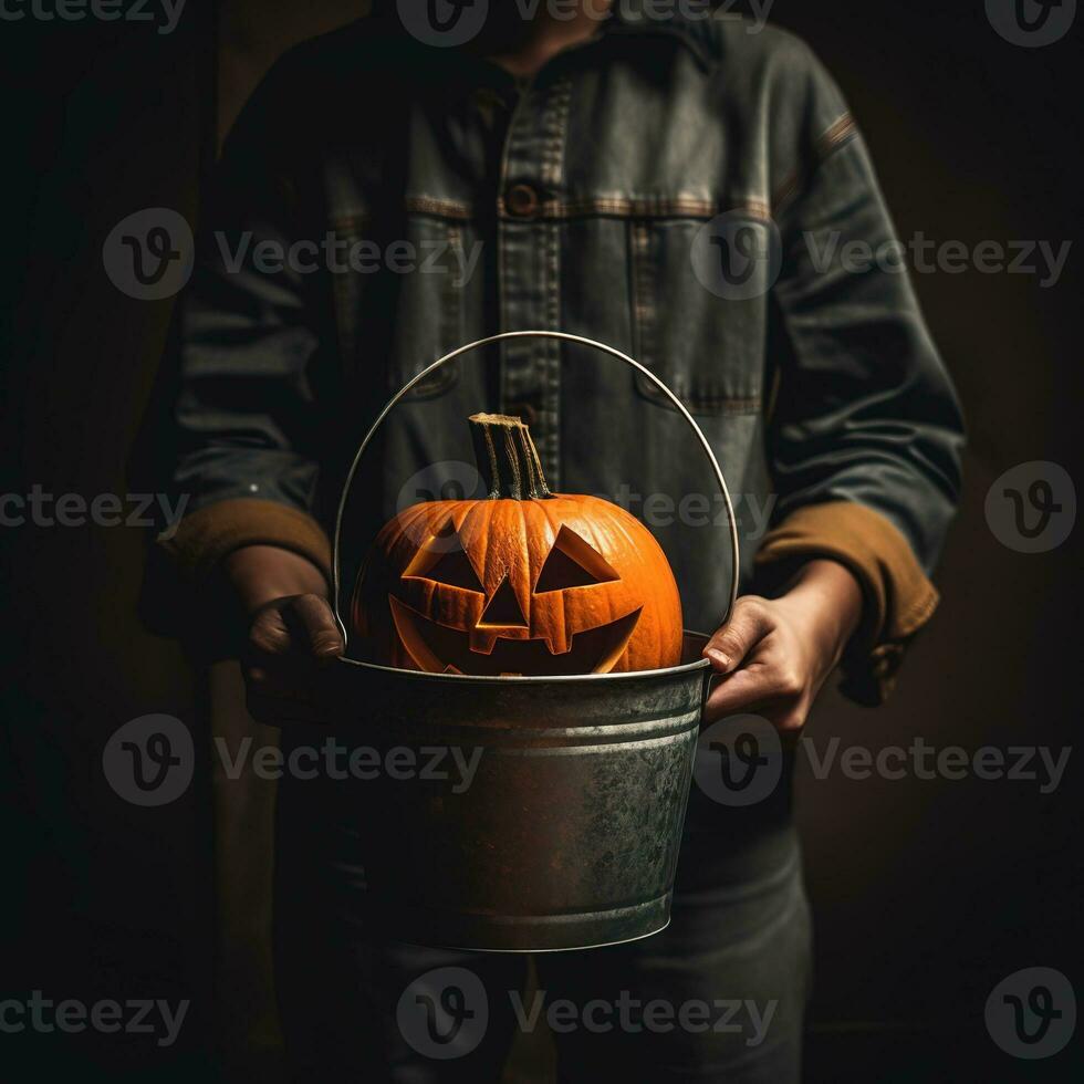 a person holding a bucket with a jack'o lantern painted on it photo