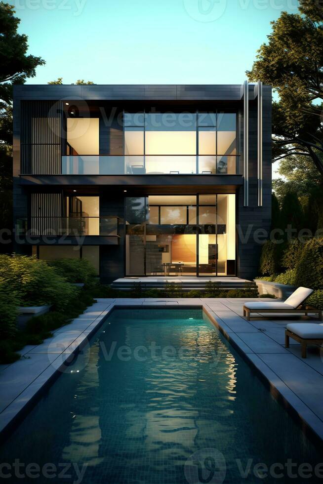 AI Generative 3d rendering of modern home with pool photo