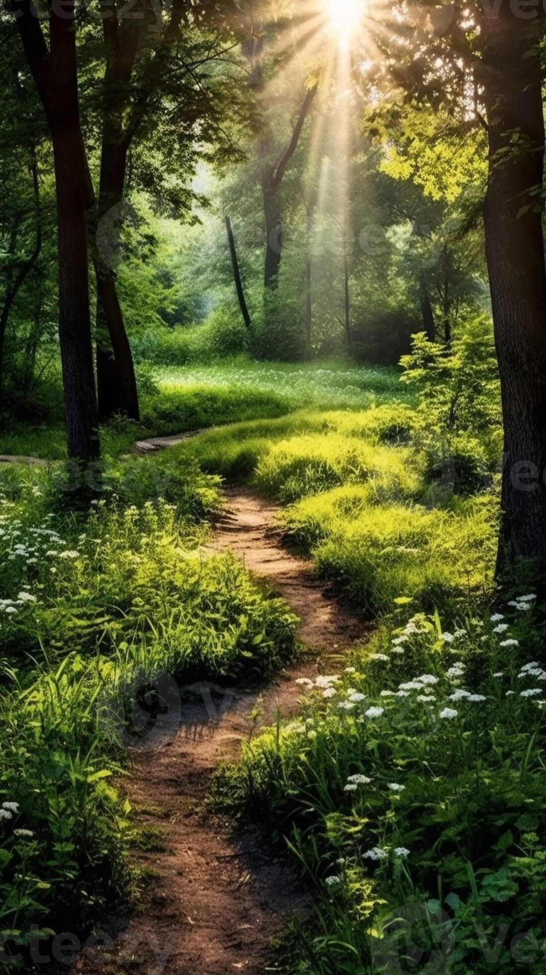 AI Generative Summer green forest with path and sun shining natural