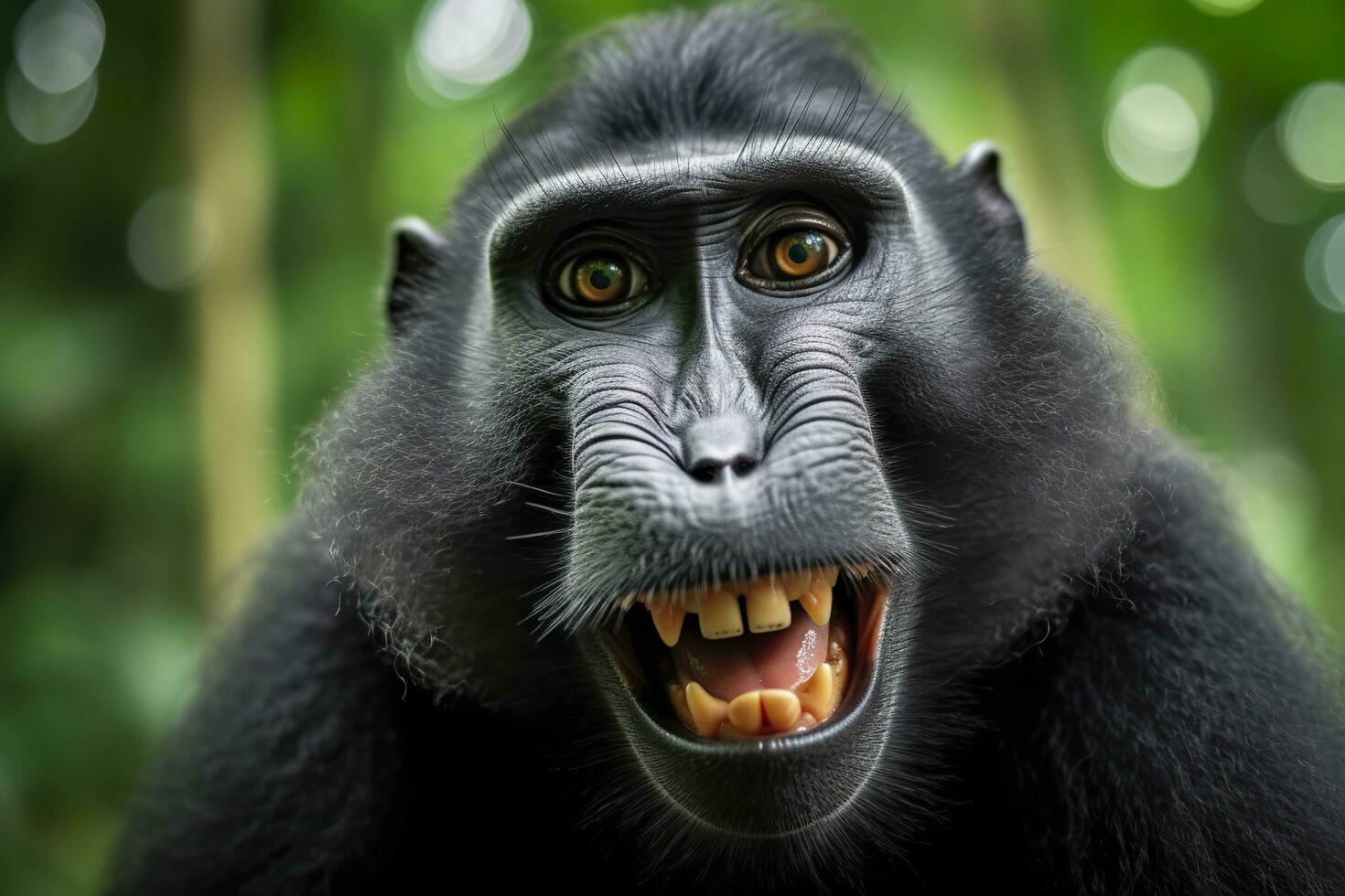 Celebes crested macaque with open mouth. Close up on the green natural background. Generative AI photo
